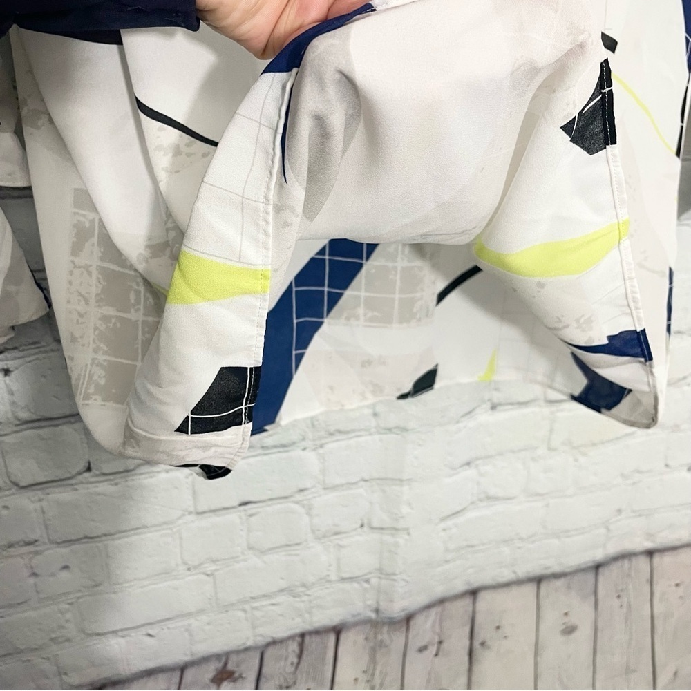 White Blue Yellow Geometric Ruffle Sleeve Blouse Large |Bell Sleeve Work Top - Picture 7 of 9